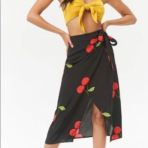 Forever 21 Cherry Print Midi Wrap Black Skirt
